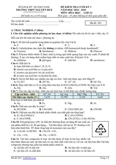 Đề thi Học kì 1 Hóa học 12 năm 2024-2025 trường THPT Nguyễn Huệ (Quảng Nam)